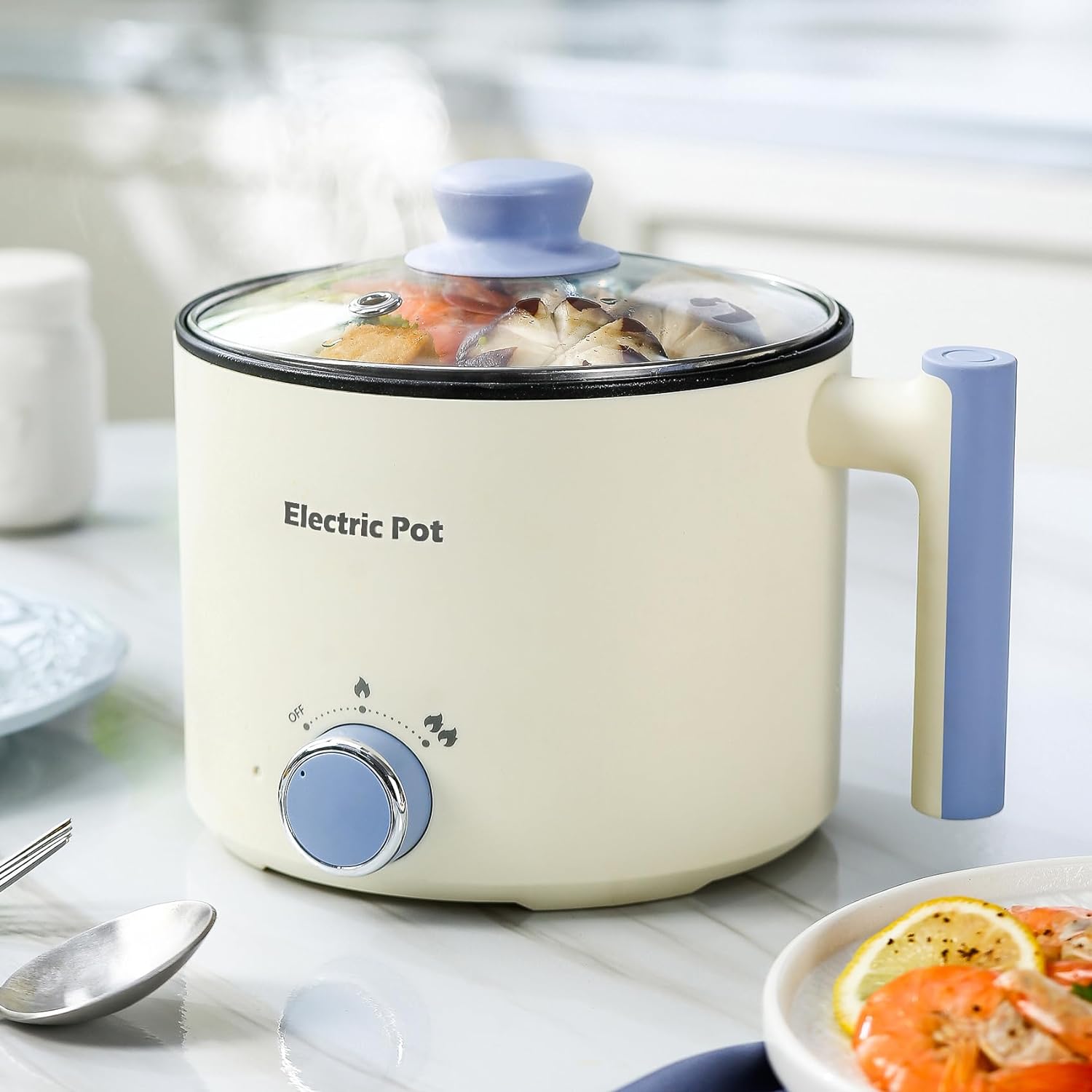 Electric Hot Pot: 1.5 L Ramen Cooker, Dual Power Mini Portable Multi-Functional Lazy Pot (Beige)